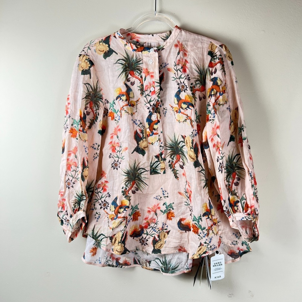 Betty Chow Los Angeles Linen Blouse‎ Large Floral Bird High Low Boho